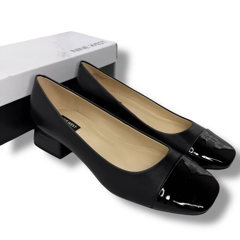Nine West Black Leather Cap-Toe Low Block Heel Flats - Picture 7 of 11